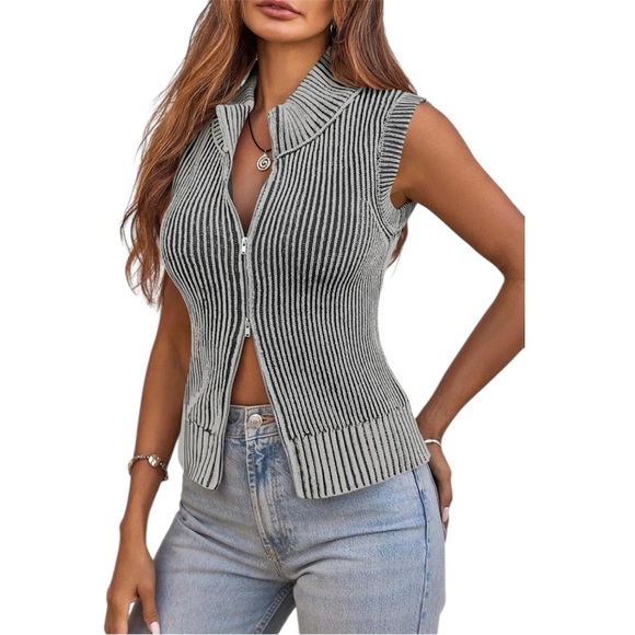 Tops - Womens Zip Up Sweater Vest Sleeveless Ribbed Knit V Neck Collared Striped Top